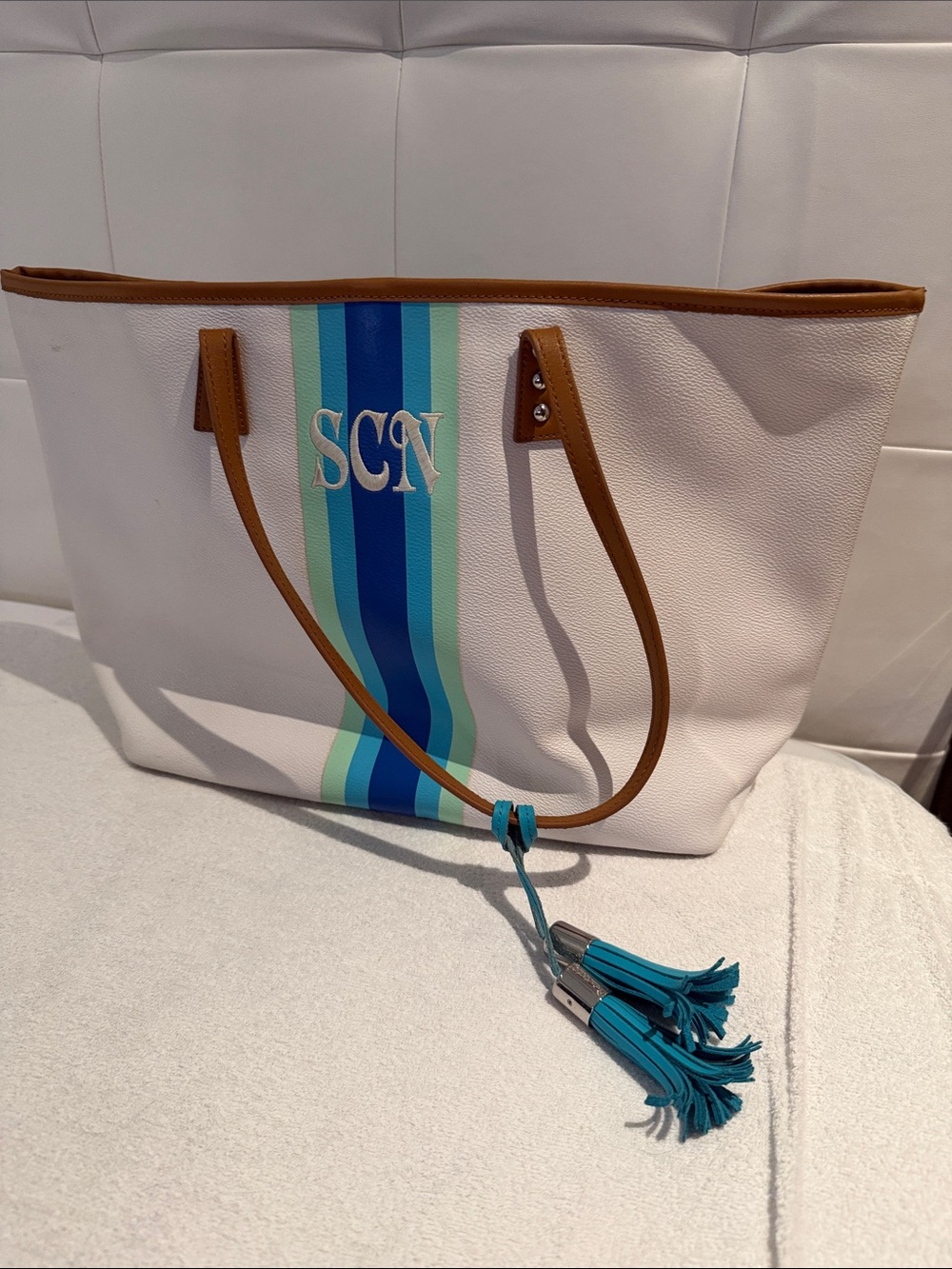 Cinda B White Tote Bag with Blue Stripe and Tassels